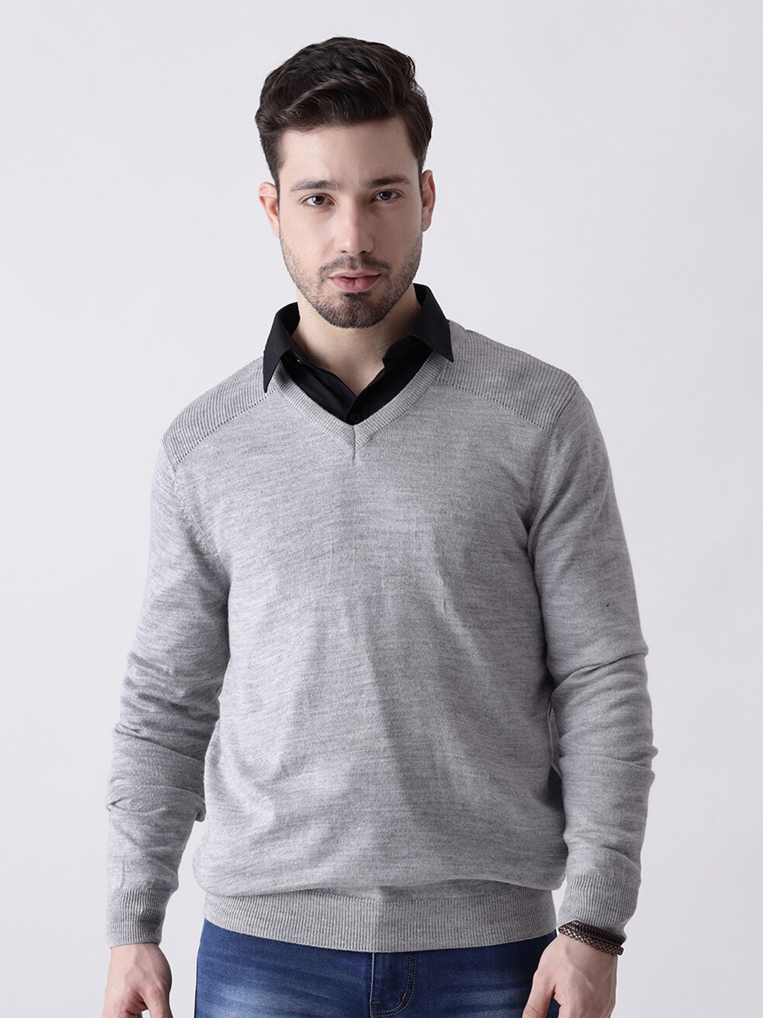 

MR BUTTON Men Grey Solid Pullover