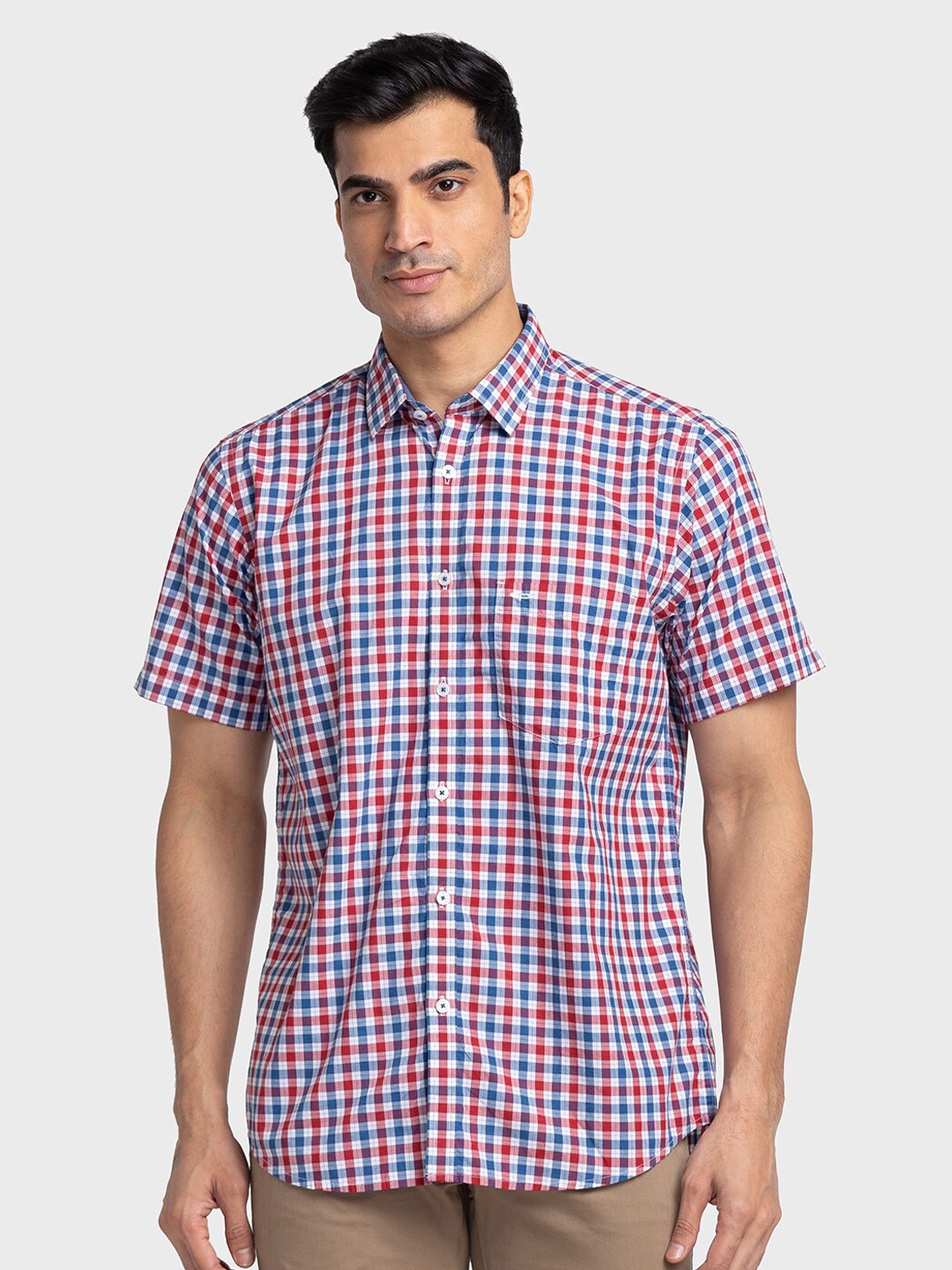 

ColorPlus Men Red Tailored Fit Gingham Checked Cotton Casual Shirt