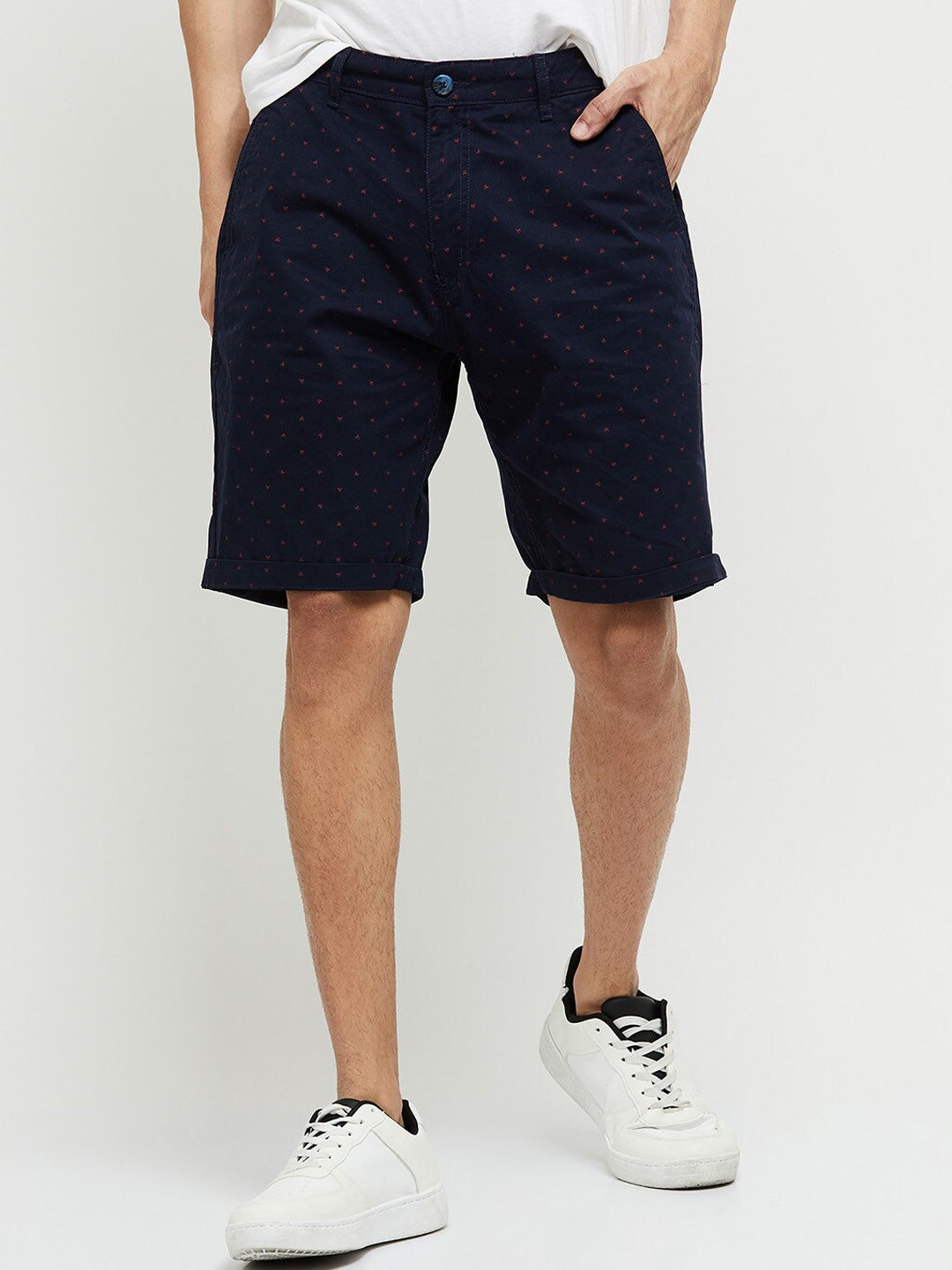 

max Men Navy Blue Printed Chino Pure Cotton Shorts