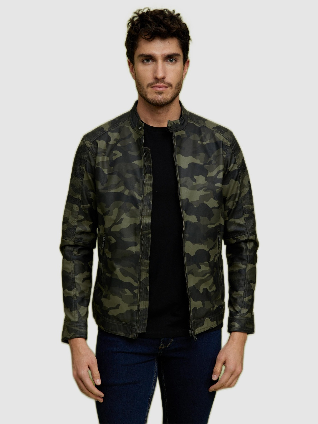 

Celio Men Black & Olive Green Camouflage Long Sleeves Open Front Jacket