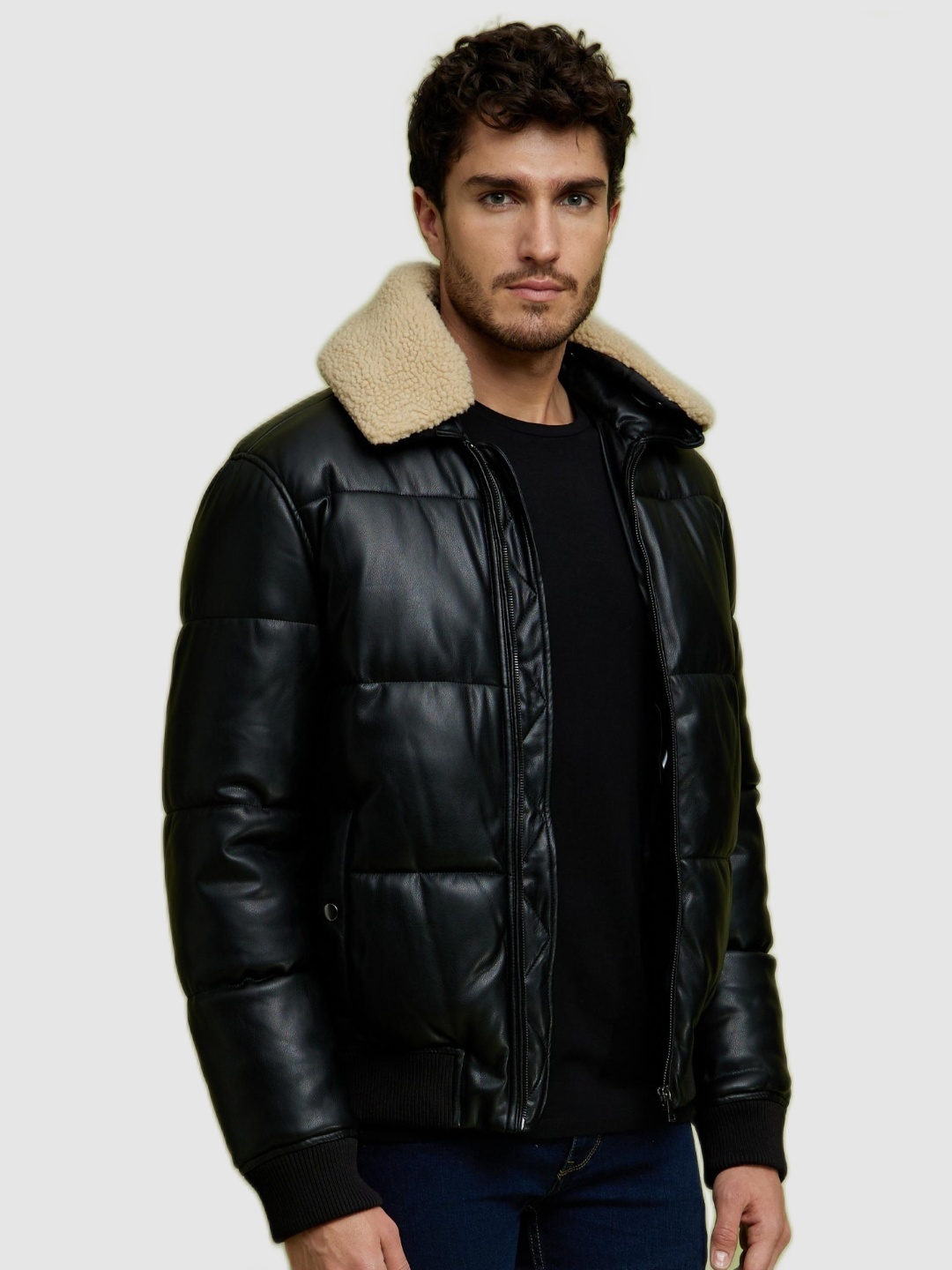 

Celio Men Black Solid Synthetic Leather Long Sleeves Puffer Jacket