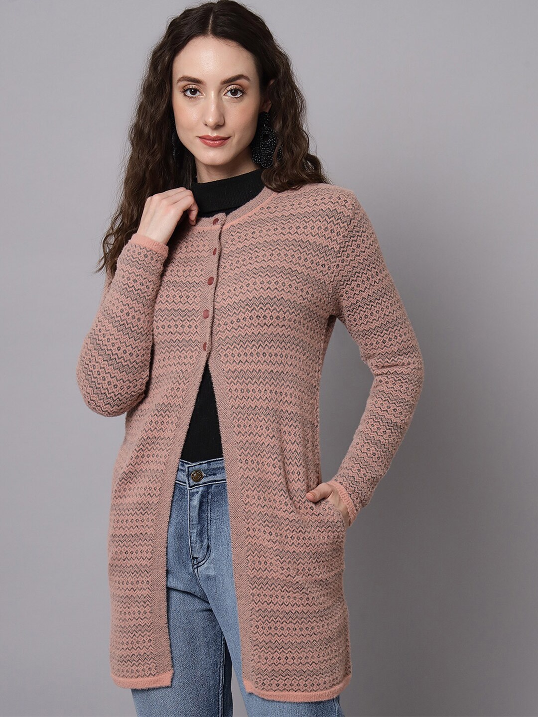 

BROOWL Women Pink & Black Longline Wool Cardigan