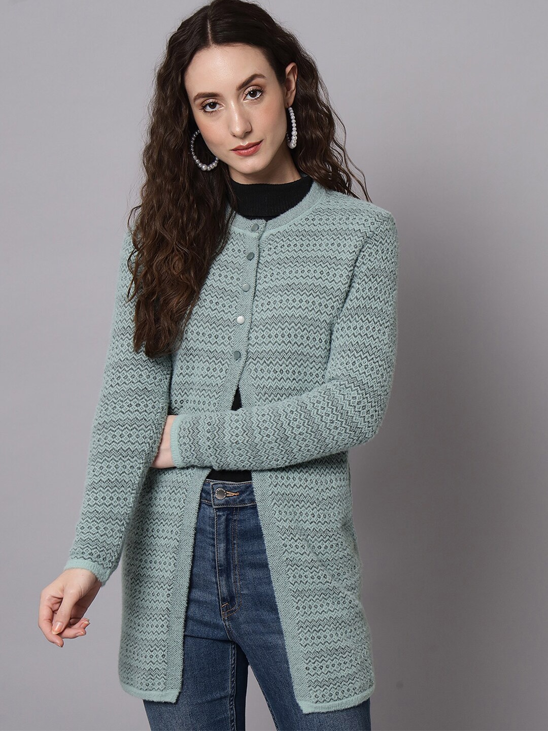 

BROOWL Women Green Longline Wool Cardigan