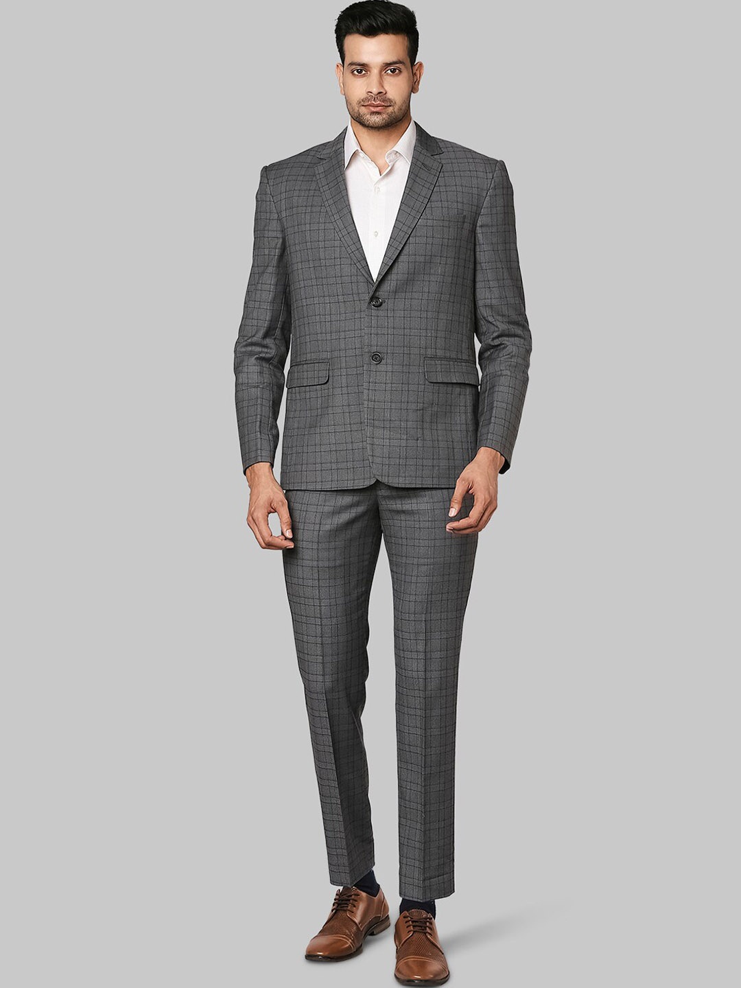 

Park Avenue Men Grey Checked Super Slim-Fit Single Breasted Two-Piece Formal Suits