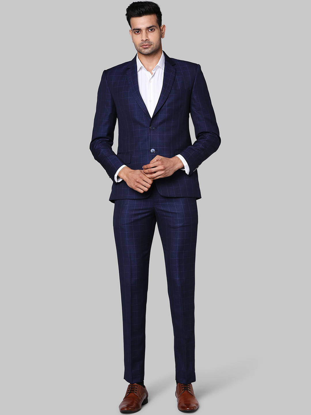 

Park Avenue Men Navy Blue Checked Two Piece Suit