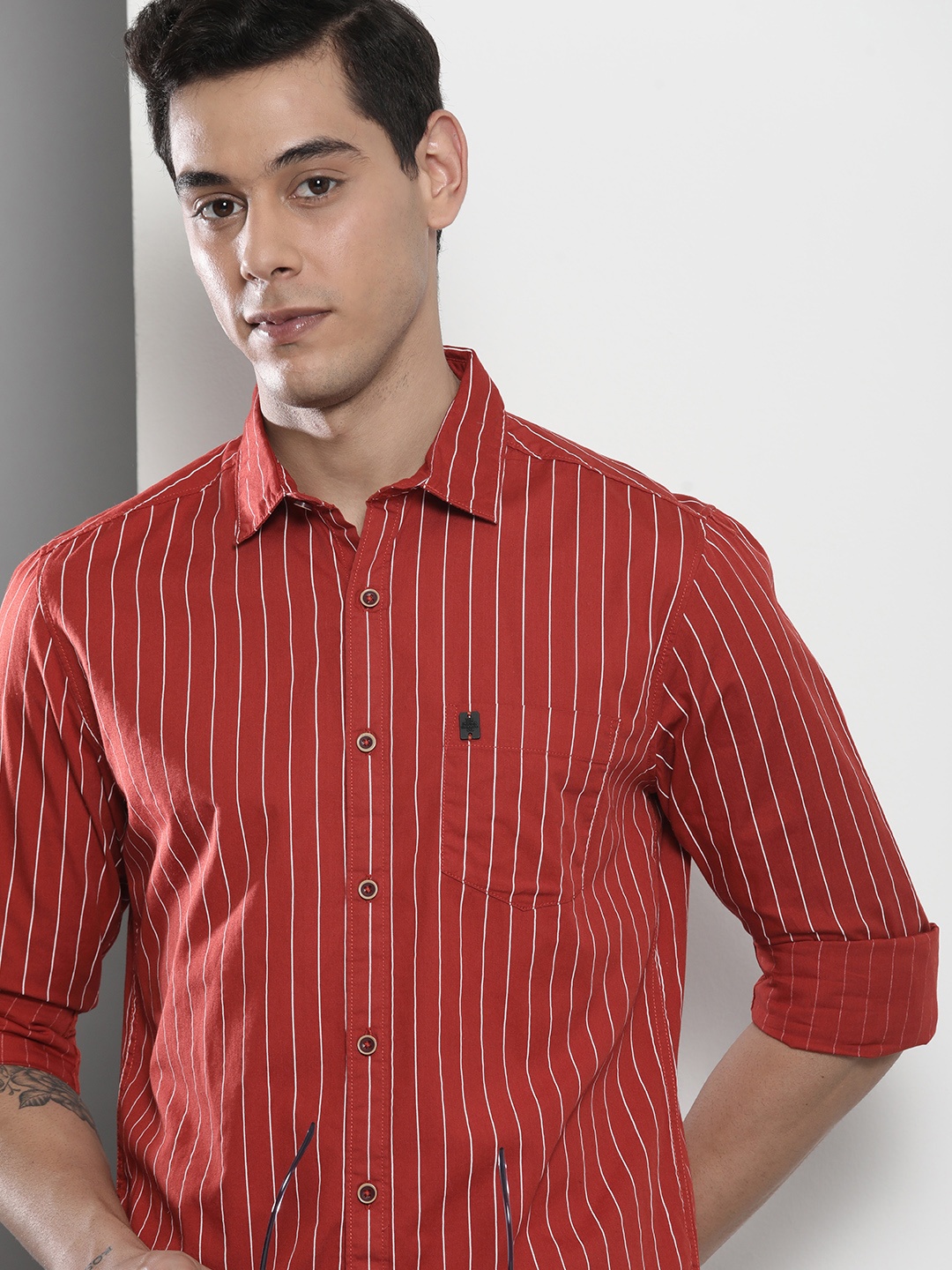 

The Indian Garage Co Men Rust Striped Cotton Casual Shirt