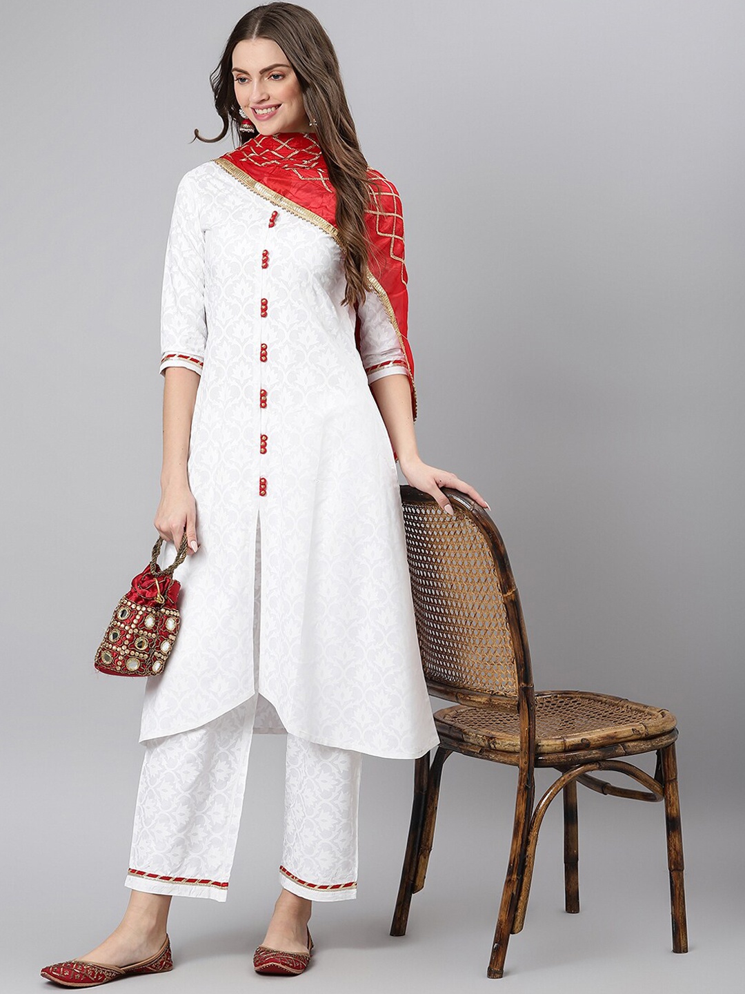 

Khushal K Women White Printed Kurta with Palazzos & With Dupatta