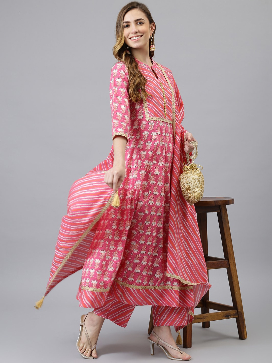 

Khushal K Women Pink Ethnic Motifs Printed Kurta with Palazzos & Dupatta