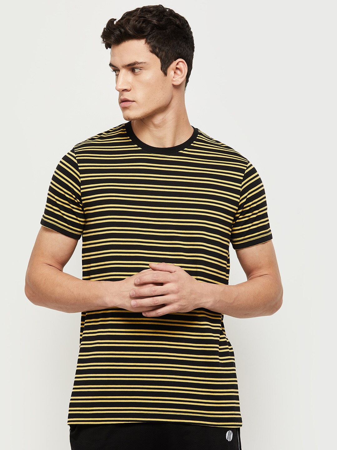 

max Men Yellow & Black Striped Cotton Lounge Tshirts