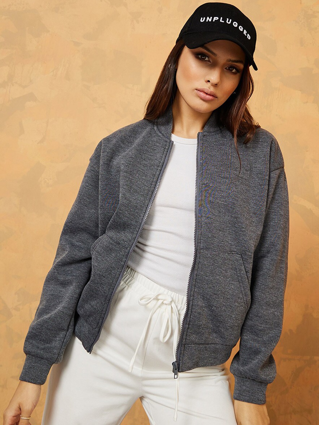 

Styli Women Grey Regular Fit Fleece Bomber Jacket