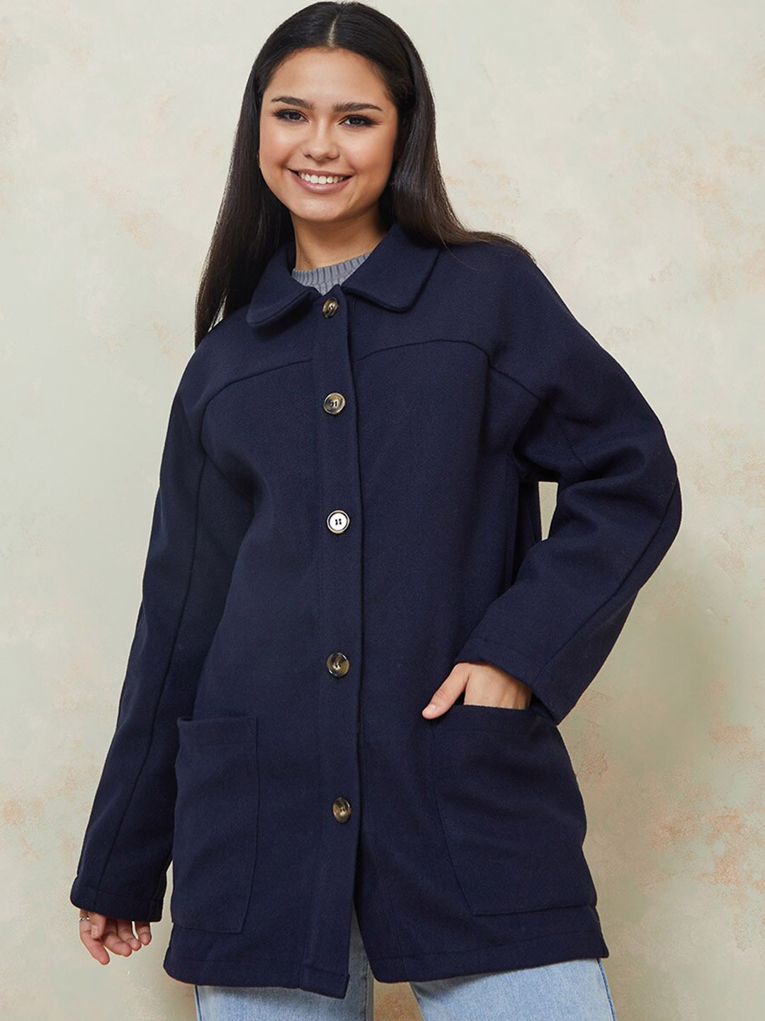 

Styli Women Navy Blue Regular Fit Longline Shacket