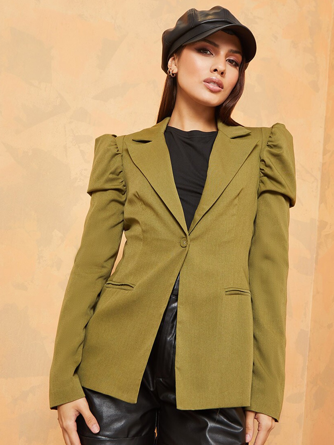 

Styli Women Khaki Solid Single-Breasted Blazer