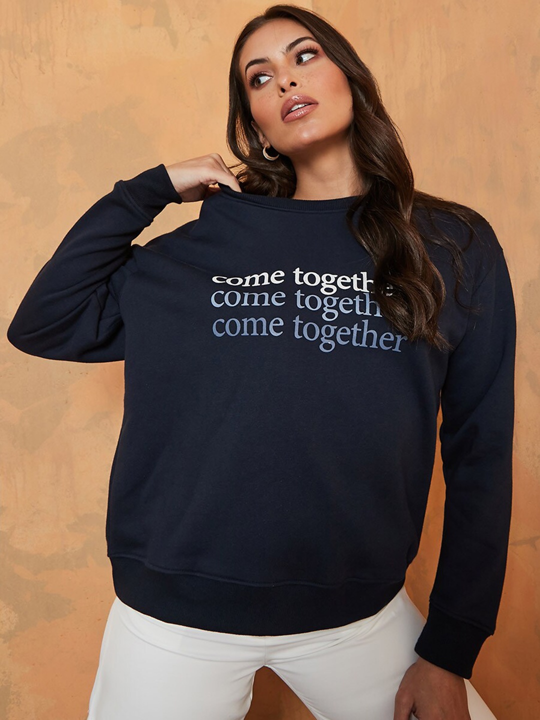 

Styli Women Navy Blue Printed Cotton Sweatshirt