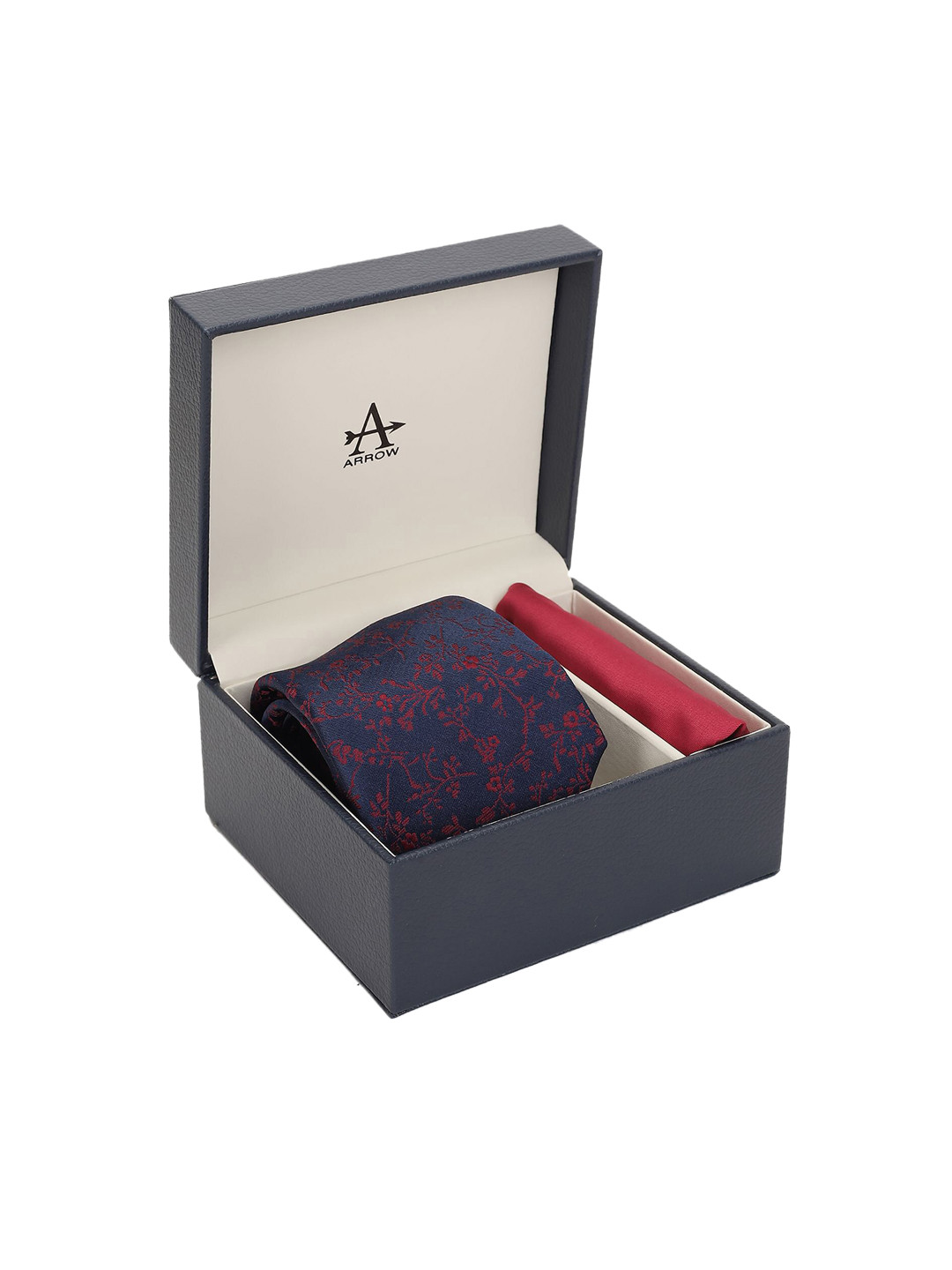 

Arrow Men Navy-Blue & Red Patterned Tie And Solid Pocket Square Gift Set