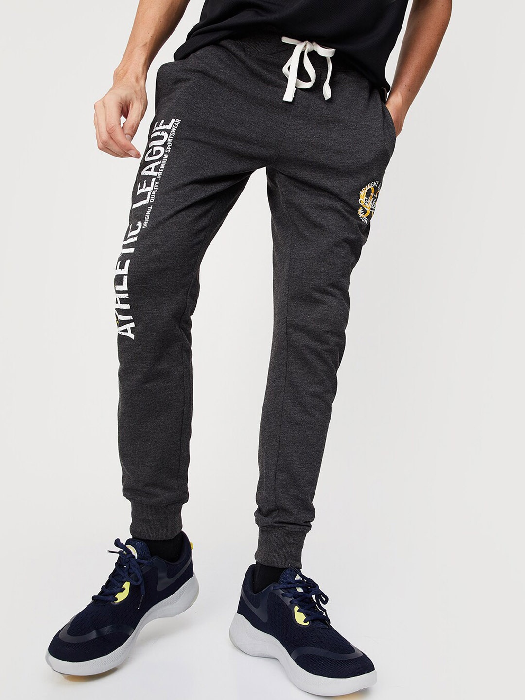 

max Men Grey Typography Printed Cotton Joggers
