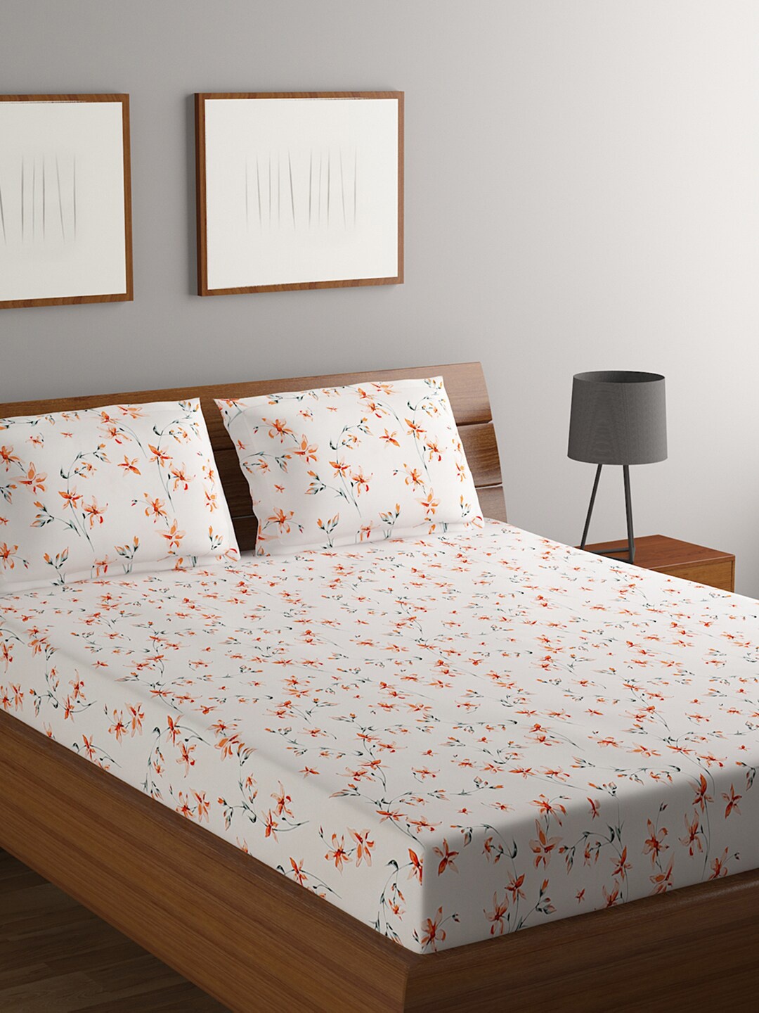 

BOMBAY DYEING White & Orange Floral 164 TC Pure Cotton Queen Bedsheet with 2 Pillow Covers