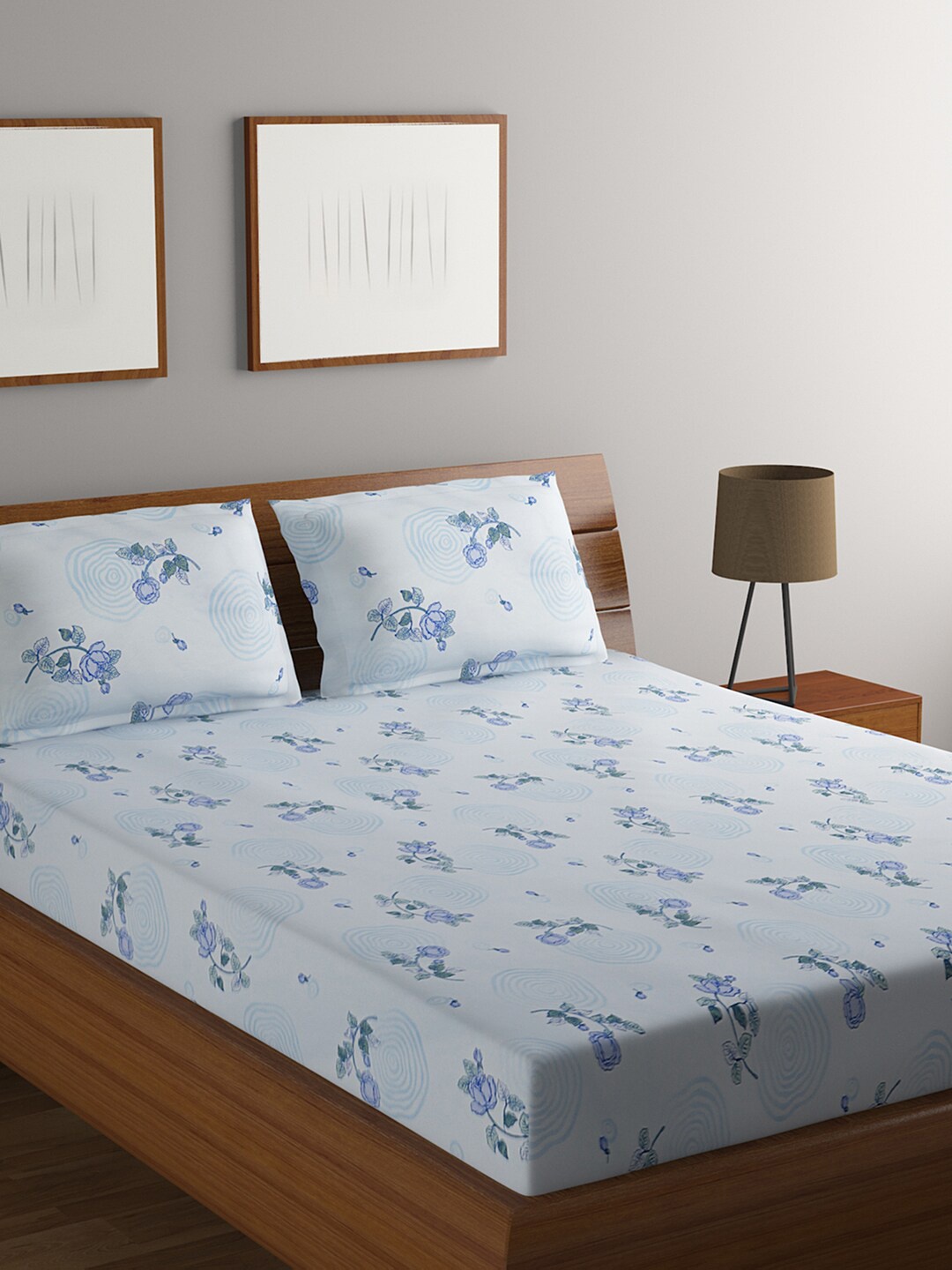

BOMBAY DYEING Blue Floral 164 TC Pure Cotton Queen Bedsheet with 2 Pillow Covers