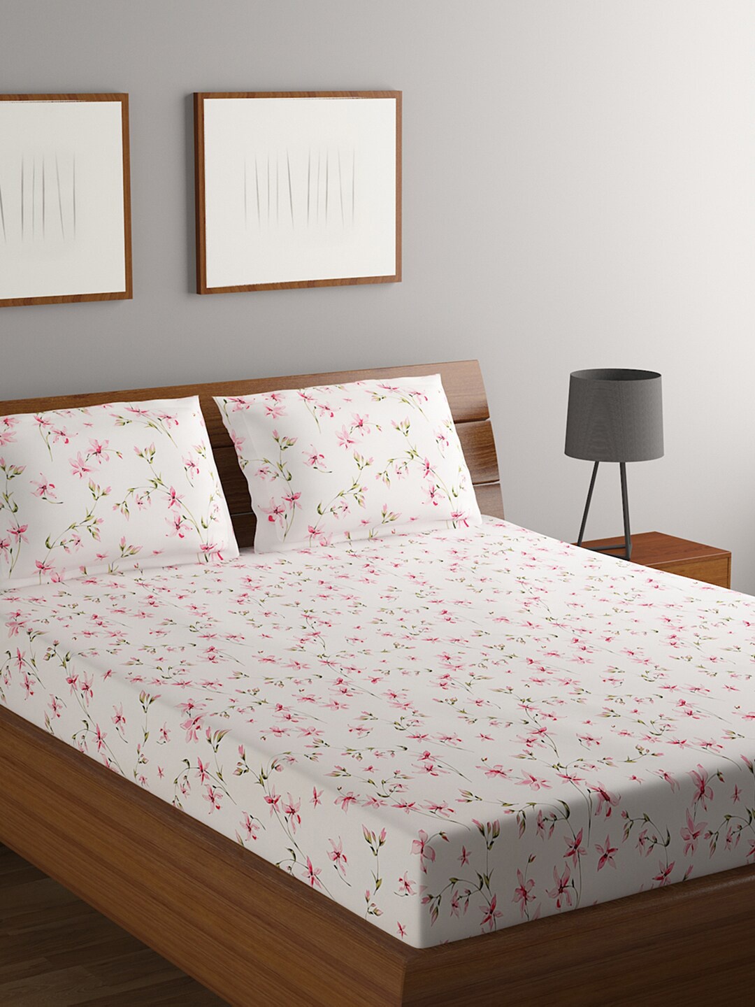 

BOMBAY DYEING Off White & Pink Floral 164 TC Pure Cotton Queen Bedsheet & 2 Pillow Covers