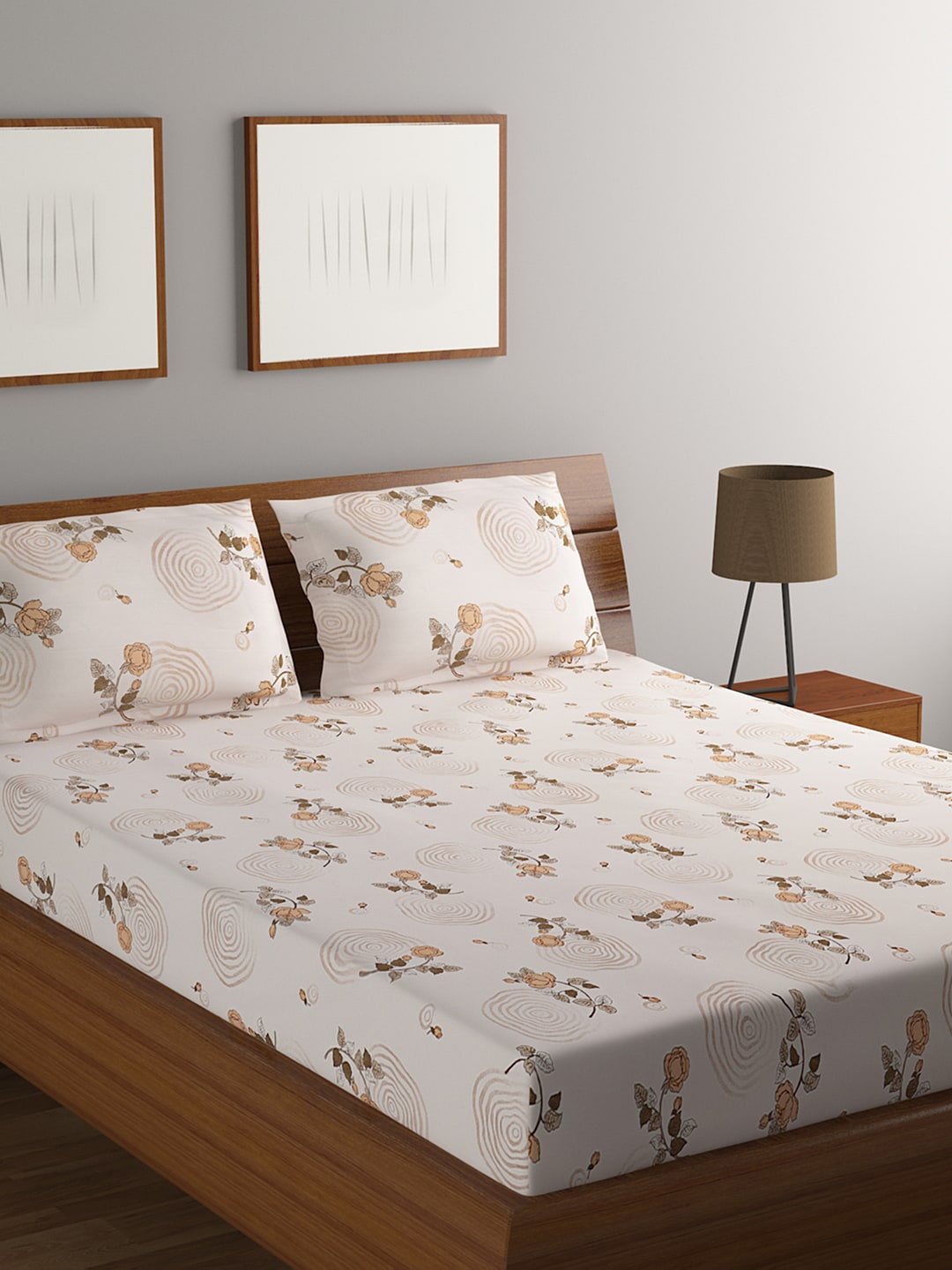 

BOMBAY DYEING Beige & Brown Floral 164 TC King Bedsheet with 2 Pillow Covers