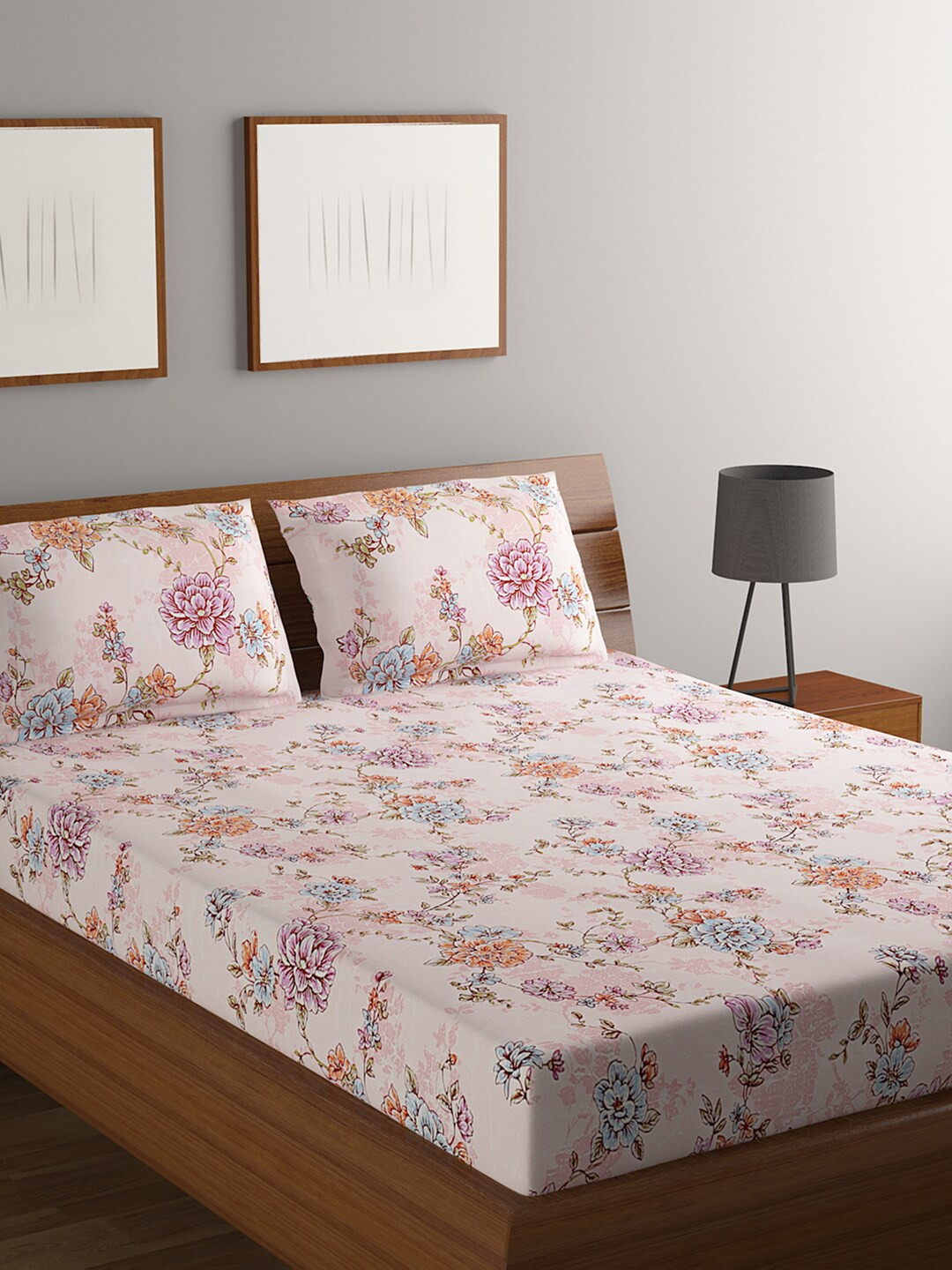 

BOMBAY DYEING Pink & Orange Floral 164 TC Pure Cotton King Bedsheet with 2 Pillow Covers