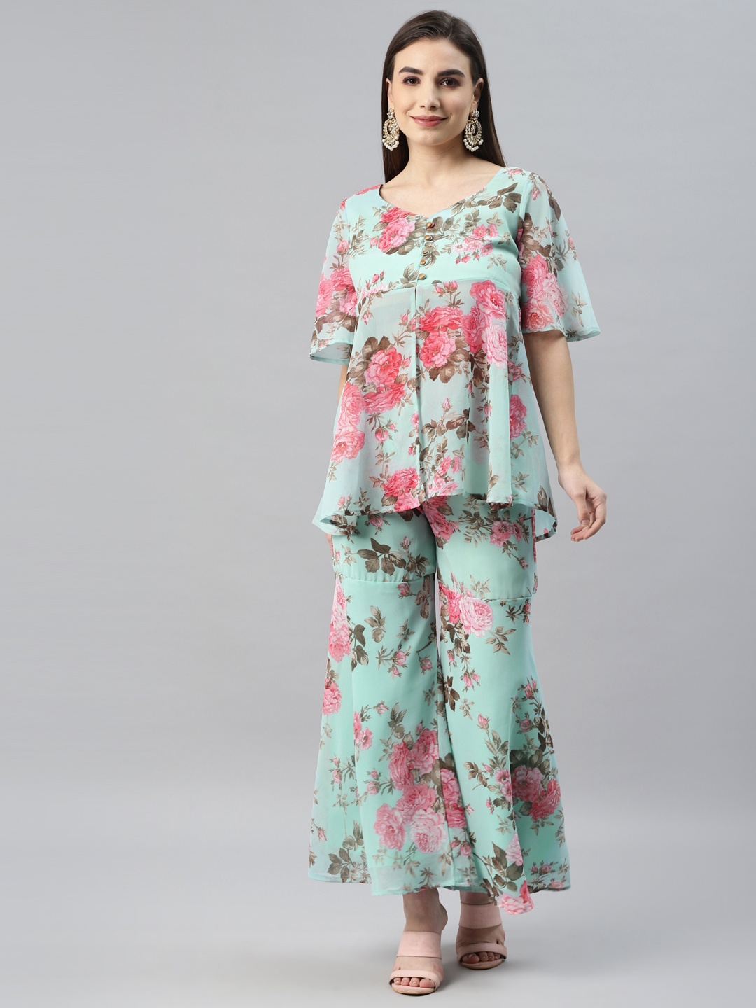 

MBE Women Floral Printed Pleated Kurti with Sharara, Blue