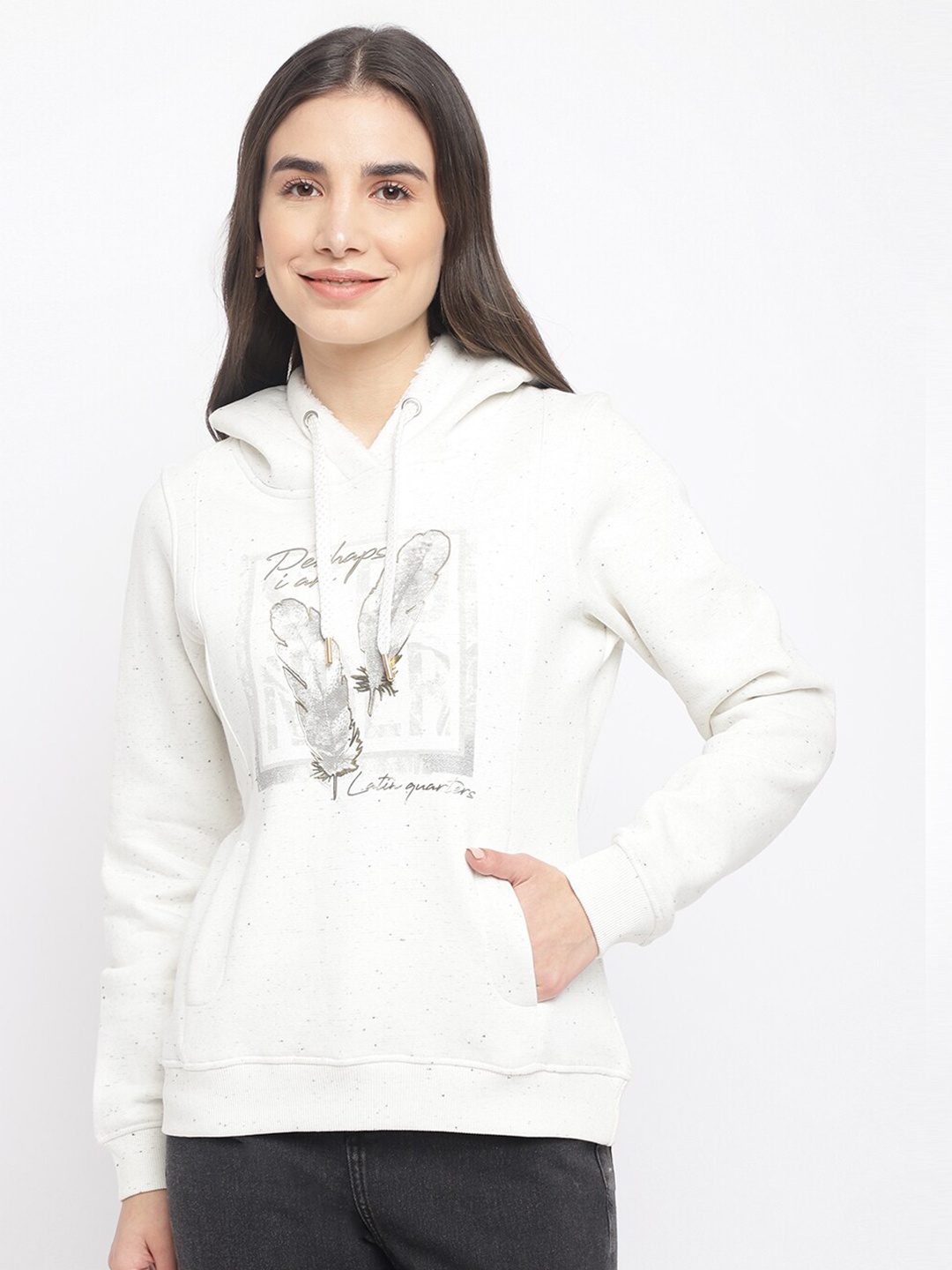 

Latin Quarters Women Beige & Grey Printed Hooded Pullover Sweater