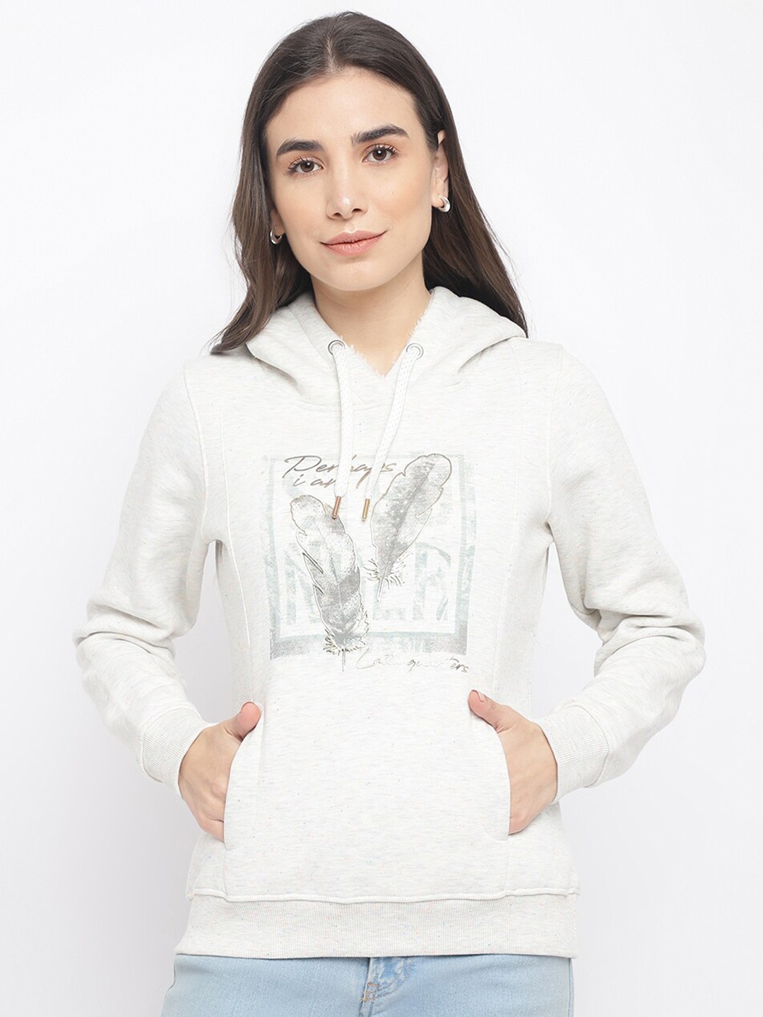 

Latin Quarters Women White & Grey Printed Hooded Pullover Sweater