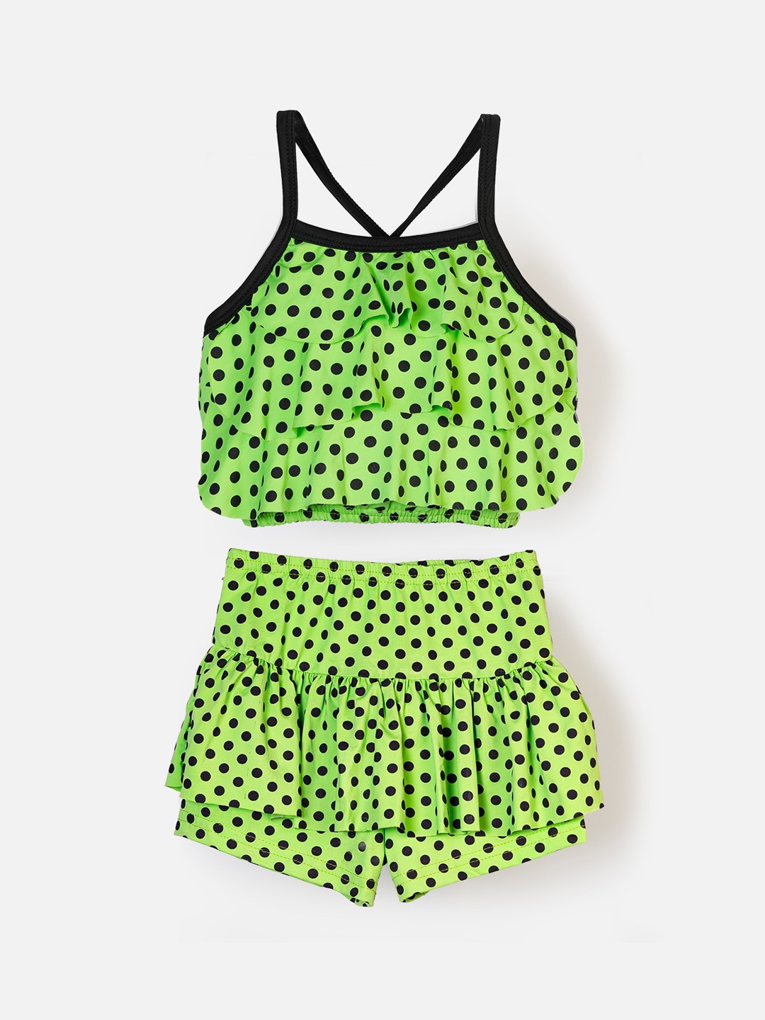 

CUKOO Girls Green & Black Polka Dot Printed 2 Piece Swim Set