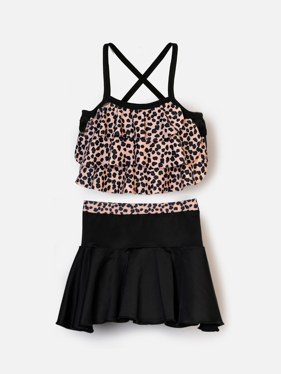 

CUKOO Girls Black & Peach Leopard Printed Nylon Swim Suit Set