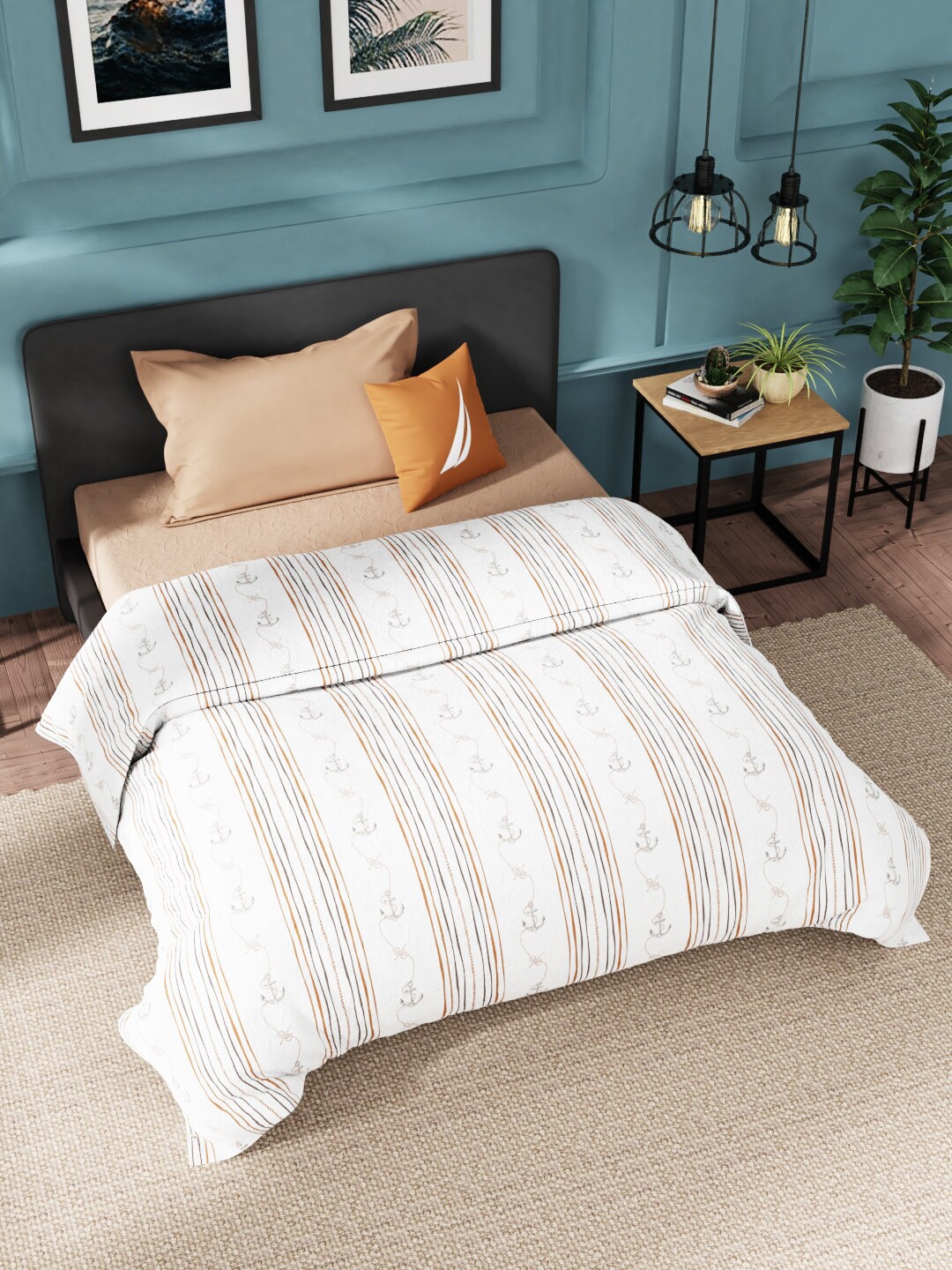 

Nautica White & Blue Striped AC Room 120 GSM Pure Cotton Single Bed Quilt