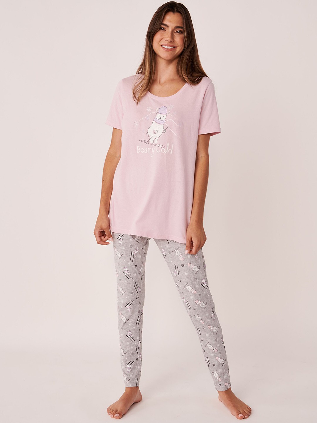 

La Vie en Rose Women Pink & Grey Printed Pure Cotton Night suit