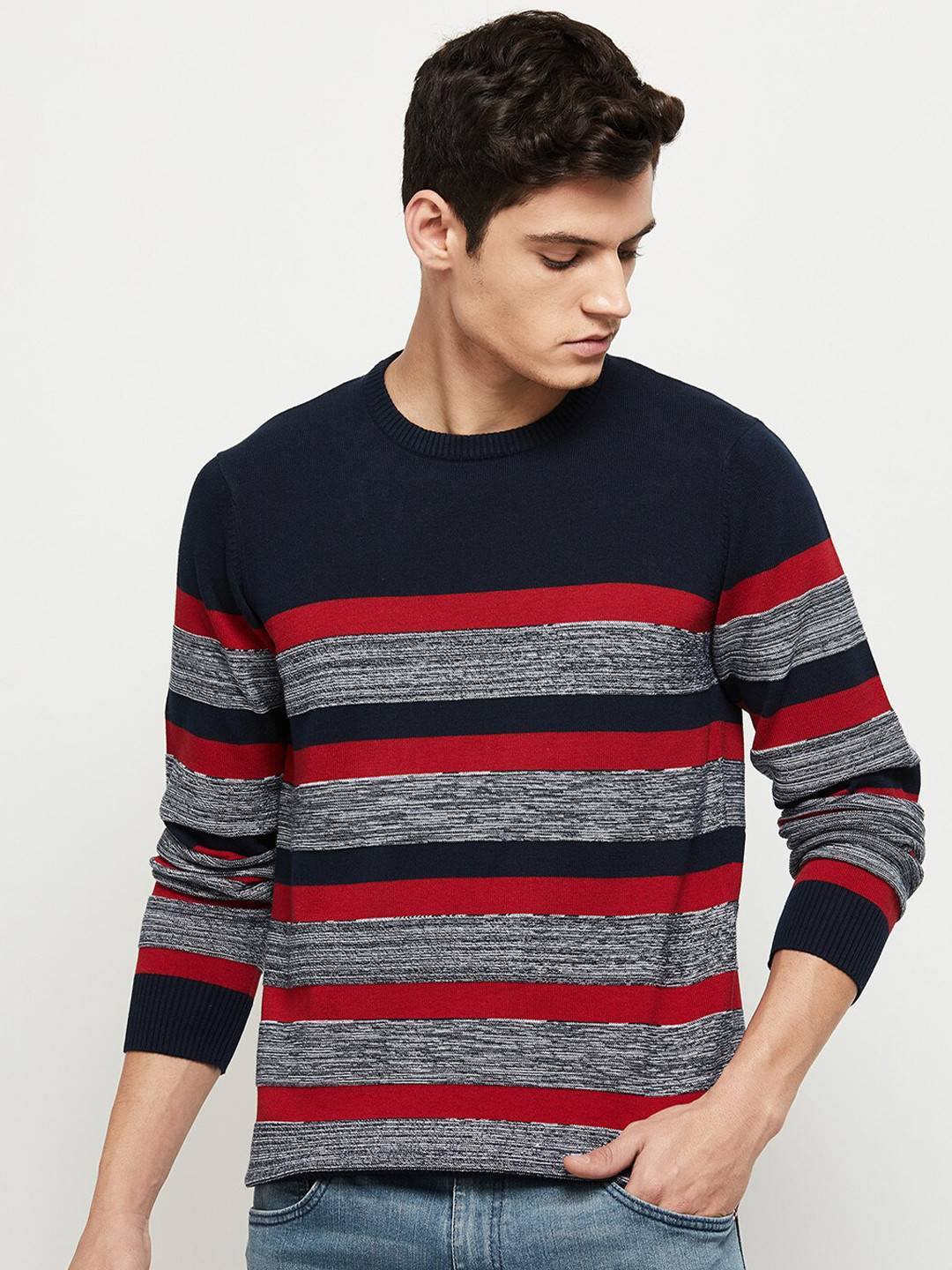 

max Men Blue & Red Striped Pure Cotton Pullover