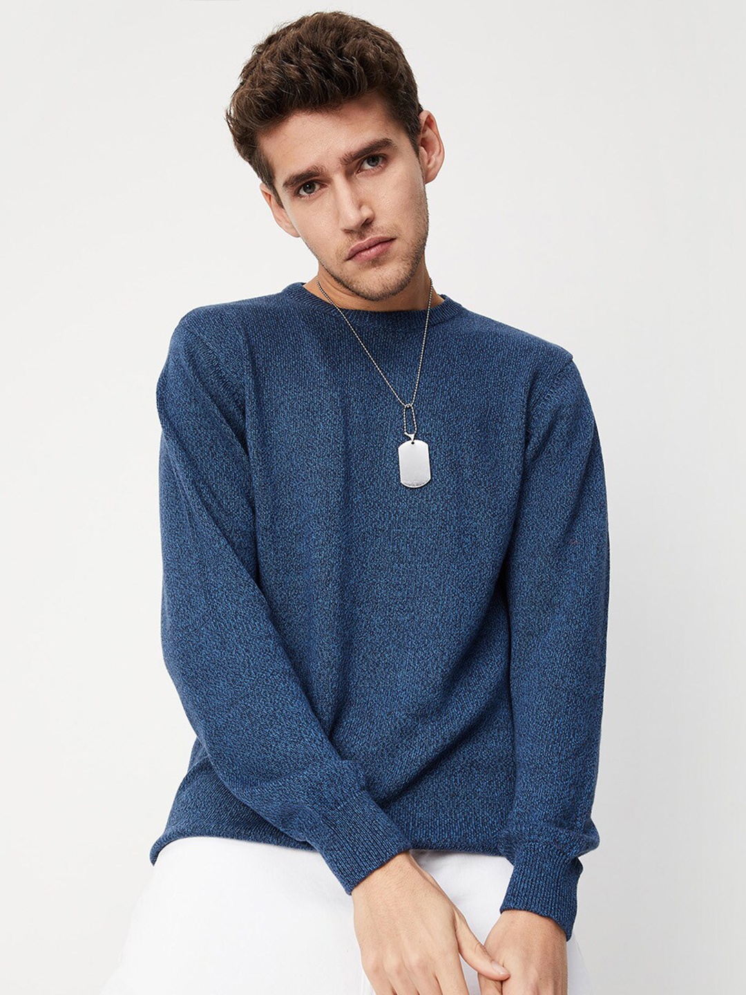 

max Men Blue Solid Pure Cotton Pullover