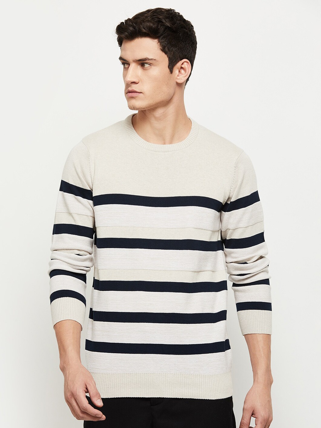 

max Men Beige & Black Striped Pure Cotton Pullover