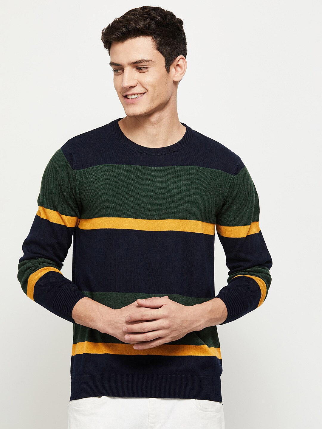 

max Men Navy Blue & Green Striped Pure Cotton Pullover