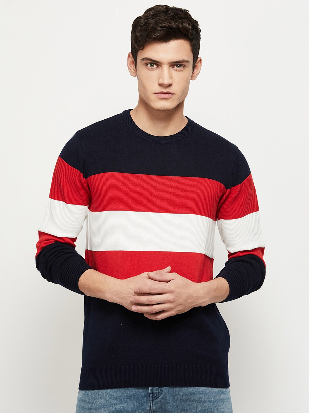 

max Men Blue & White Striped Pure Cotton Pullover