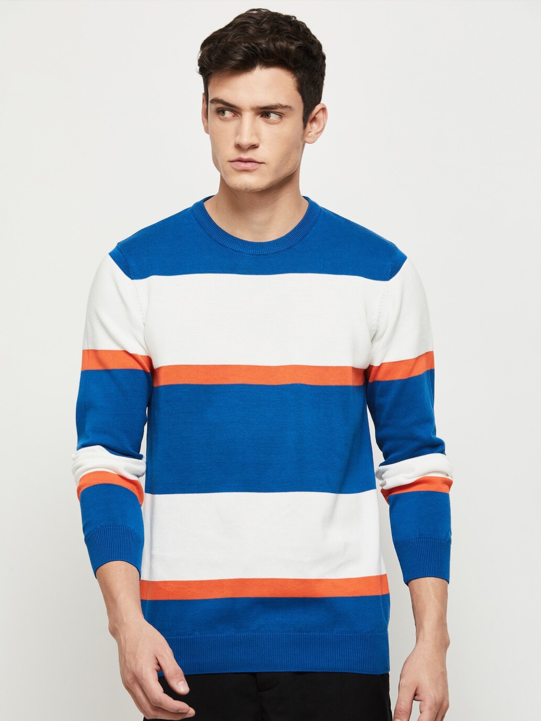 

max Men Blue & White Striped Pure Cotton Pullover