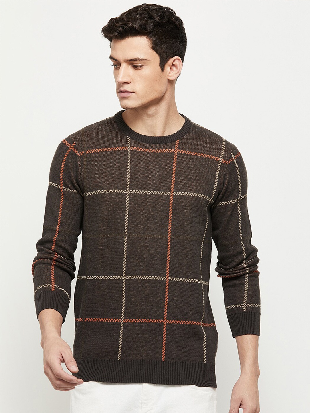 

max Men Brown & Orange Checked Pure Cotton Pullover