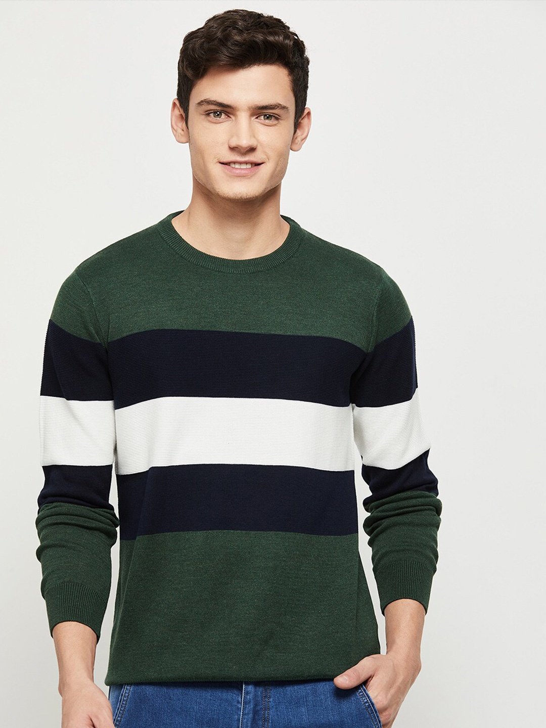 

max Men Green & Navy Blue Colourblocked Pure Cotton Pullover