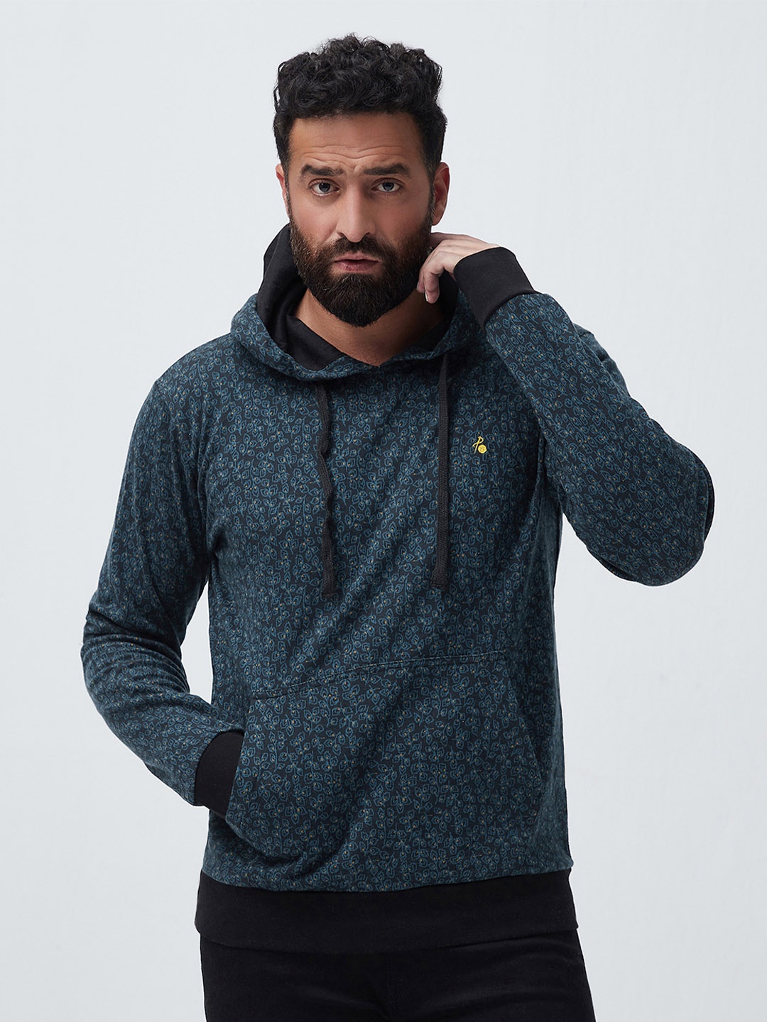 

MR BUTTON Men Navy Blue Printed Cotton Hooded Sweatshirt