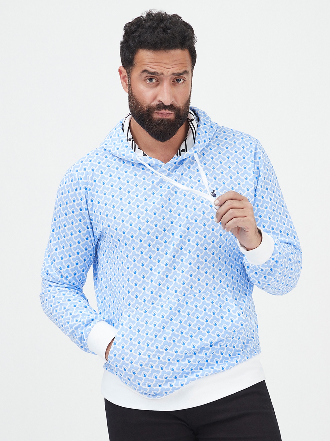

MR BUTTON Men Blue Printed Hooded Sweatshirt