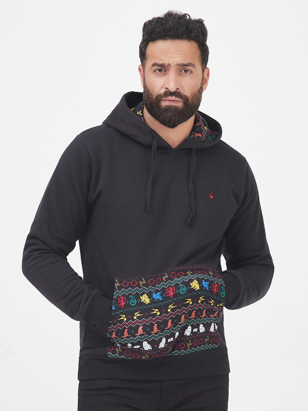 

MR BUTTON Men Black Printed Cotton Hooded Sweatshirt