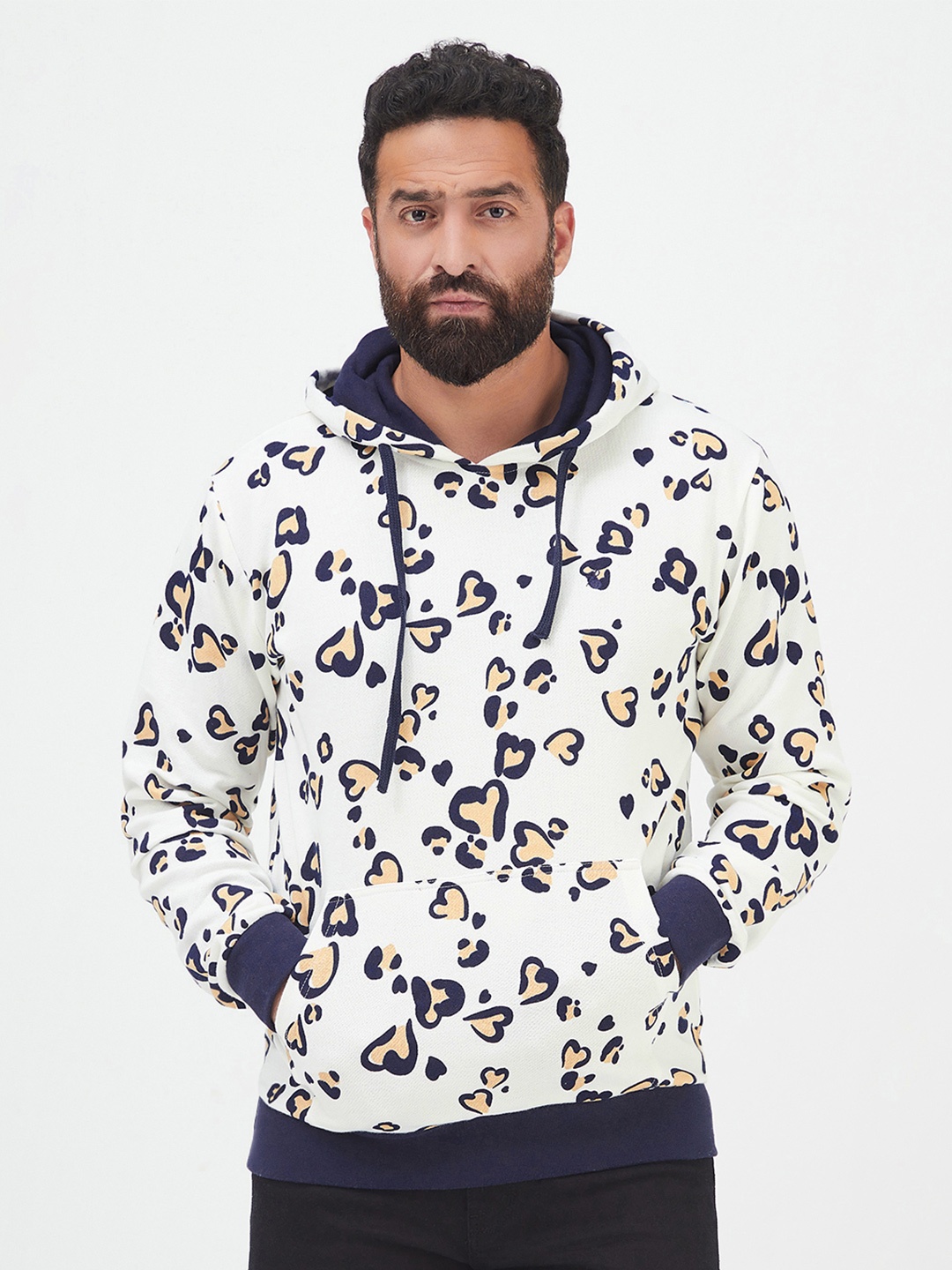 

MR BUTTON Men White Printed Cotton Hooded Sweatshirt
