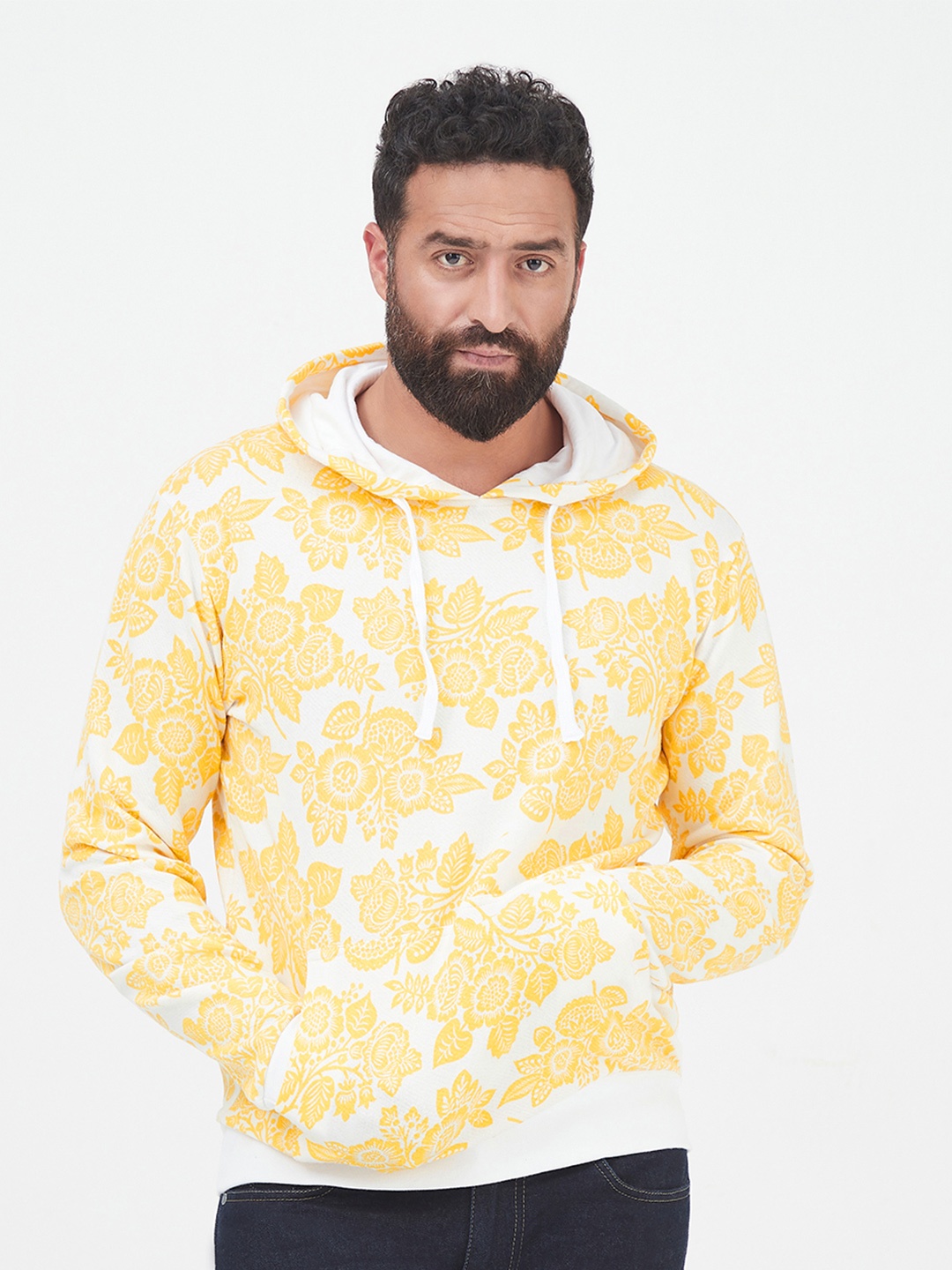 

MR BUTTON Men Yellow Printed Cotton Hooded Sweatshirt