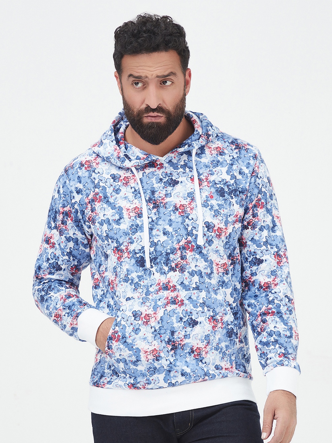 

MR BUTTON Men Blue Printed Cotton Hooded Sweatshirt