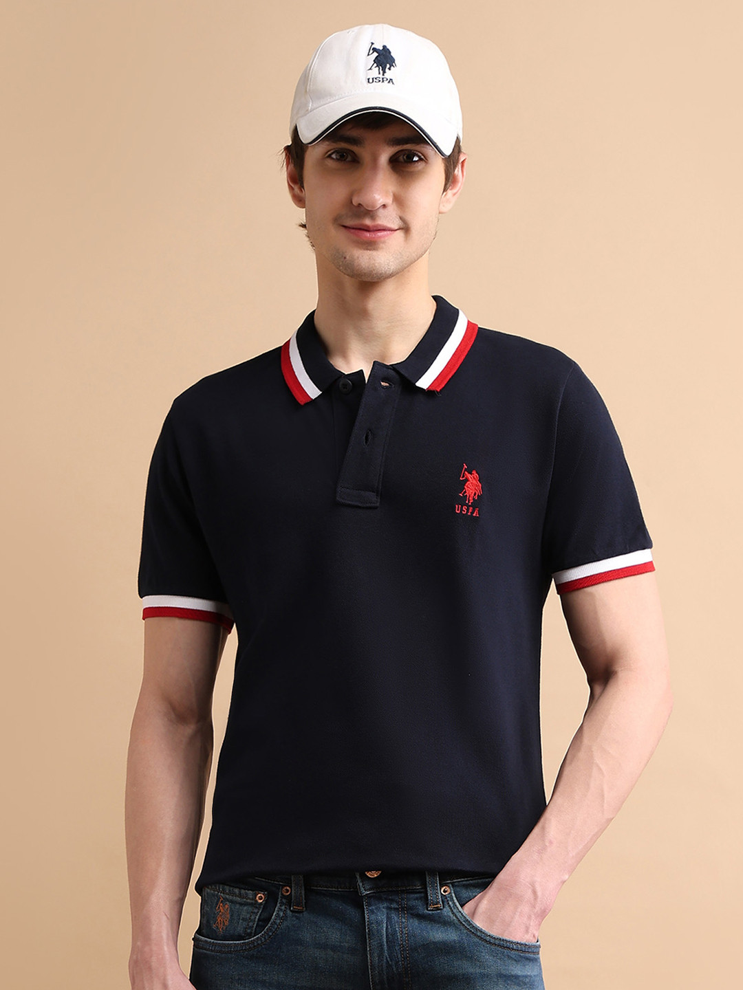 

U.S. Polo Assn. Men Pure Cotton Heritage Tipped Polo Collar T-shirt, Navy blue