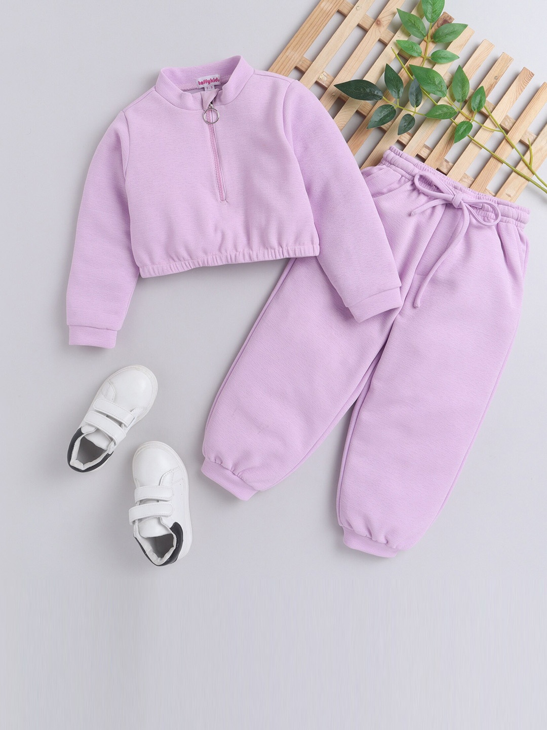 

Taffykids Girls Purple Solid Polyester Top with Jogger pant
