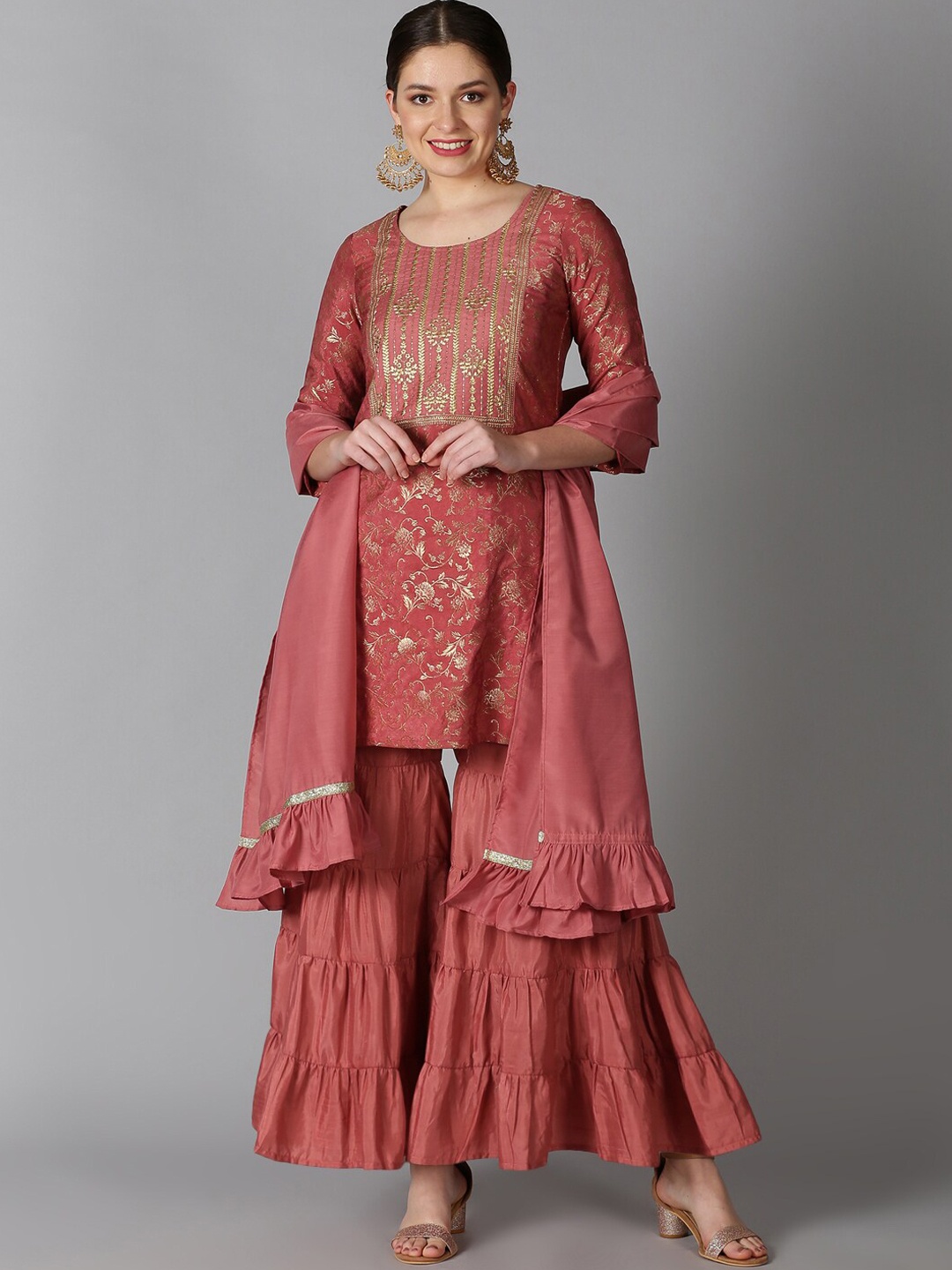 

Saffron Threads Women Coral Banarasi Jacquard Kurta with Sharara & Dupatta