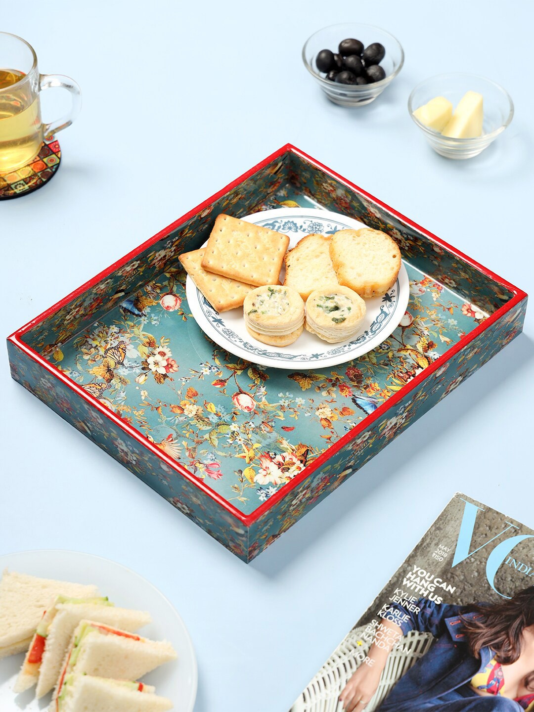 

DULI Blue Printed Square Enamel Coated Tray, Green