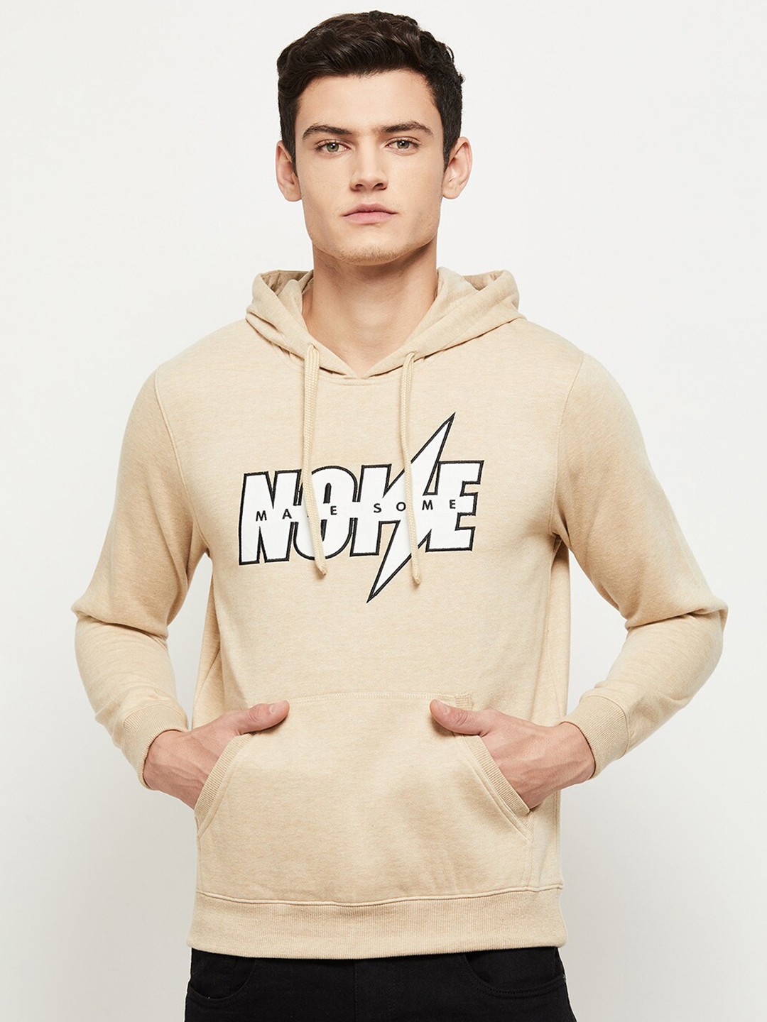 

max Men Beige Printed Hooded Sweatshirt